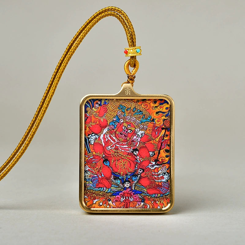 Six-Armed Mahakala - Luxury Gold-Tone Titanium Thangka Amulet Pendant (Gold-Leaf Decorated)