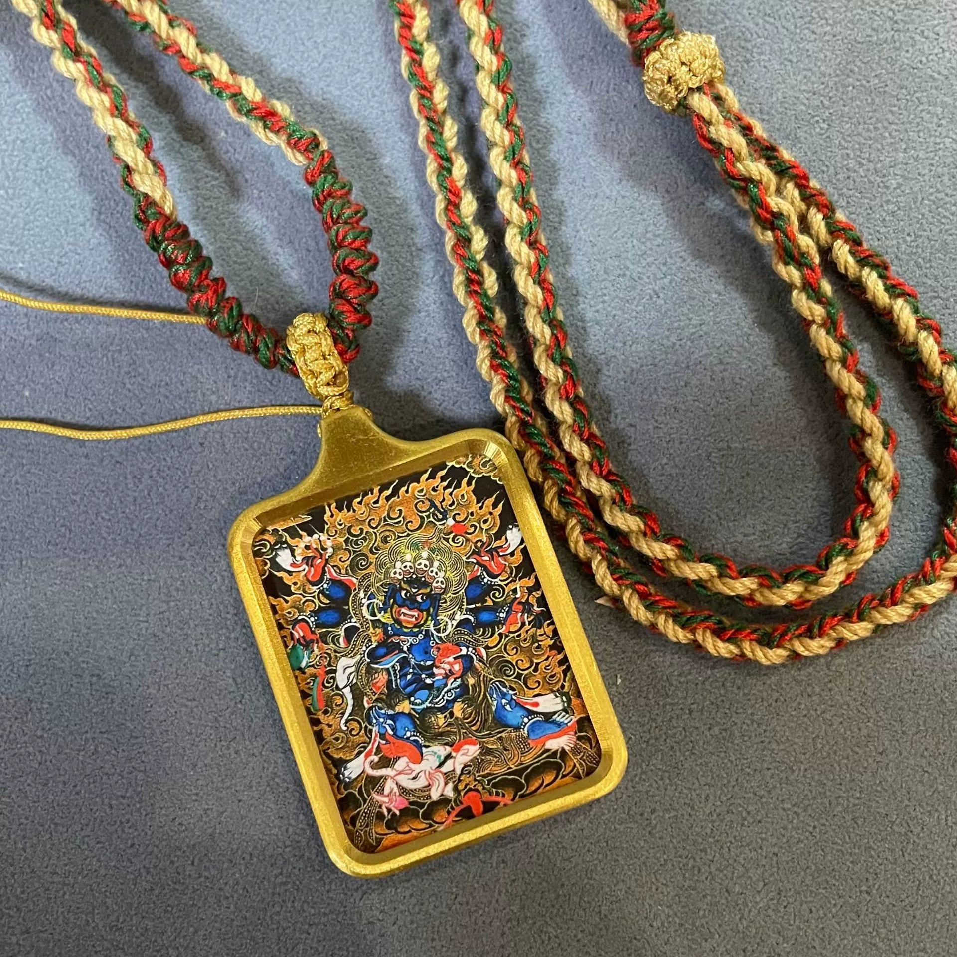 Six-Armed Mahakala - Solid Brass Tibetan Thangka Pendant with Handwoven Cord
