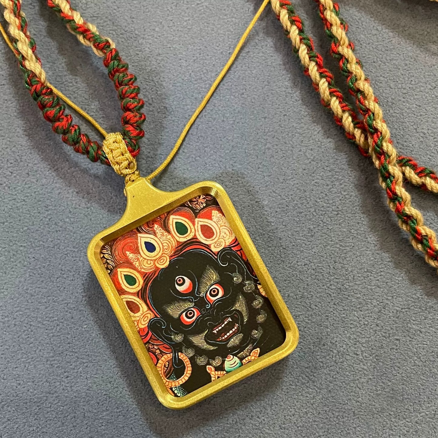 Six-Armed Mahakala - Solid Brass Tibetan Thangka Pendant with Handwoven Cord