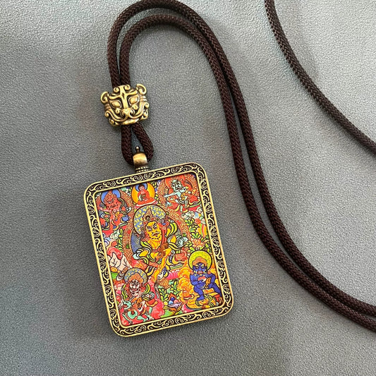 The Five Jambhalas (God of Wealth) - Handmade Tibetan Thangka Amulet Pendant (Antique Bronze)