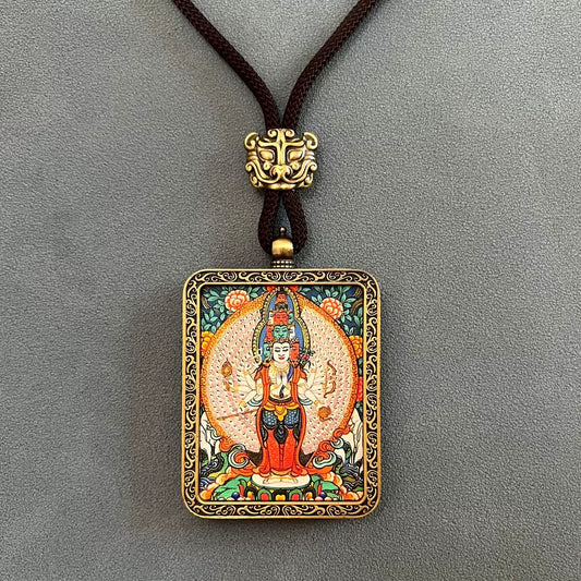 Thousand-Armed Avalokiteshvara - Handmade Tibetan Thangka Amulet Pendant (Antique Bronze)