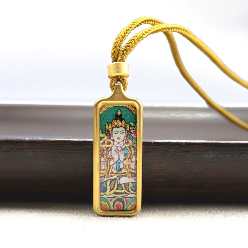 Thousand-Armed Avalokiteshvara - Mini Rectangular Gold Tibetan Thangka Pendant – Sacred Protection Amulet (Gold-Leaf Decorated)