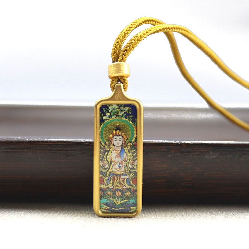 Thousand-Armed Avalokiteshvara - Mini Rectangular Gold Tibetan Thangka Pendant – Sacred Protection Amulet (Gold-Leaf Decorated)