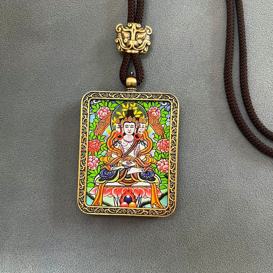 Vairocana Buddha - Handmade Tibetan Thangka Amulet Pendant (Antique Bronze)