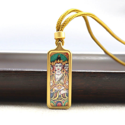 Vairocana Buddha - Mini Rectangular Gold Tibetan Thangka Pendant – Sacred Protection Amulet (Gold-Leaf Decorated)