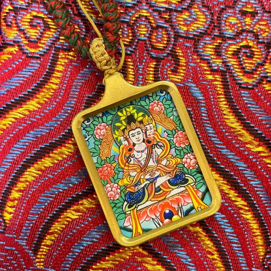 Vairocana Buddha - Solid Brass Tibetan Thangka Pendant with Handwoven Cord