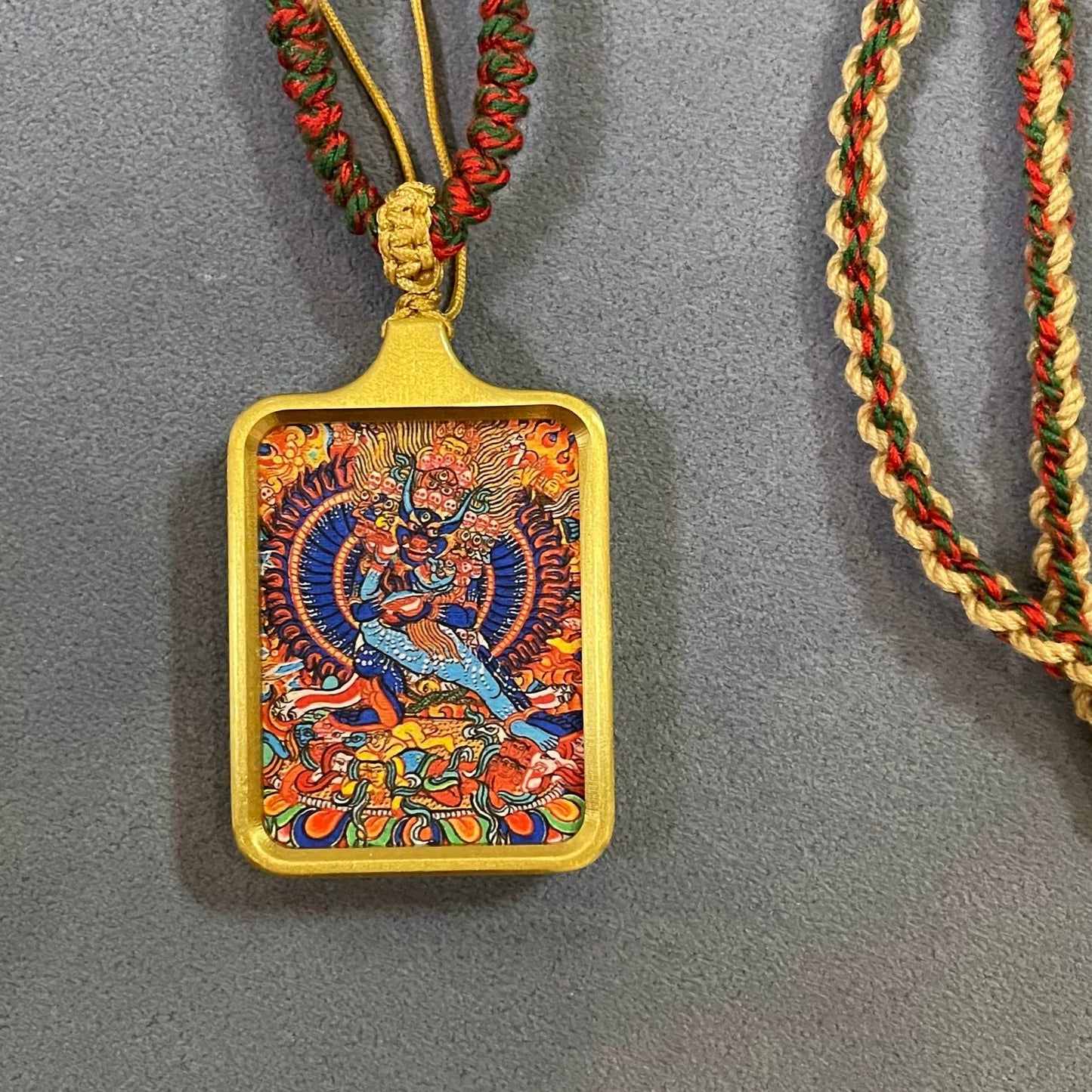 Vajrabhairava (Yamantaka) - Solid Brass Tibetan Thangka Pendant with Handwoven Cord