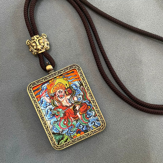 White Jambhala (God of Wealth) - Handmade Tibetan Thangka Amulet Pendant (Antique Bronze)
