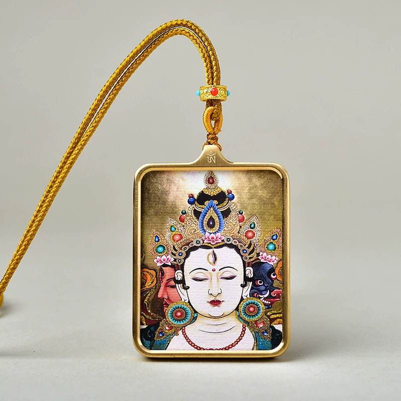 White Tara (Eyes Closed) - Luxury Gold-Tone Titanium Thangka Amulet Pendant (Gold-Leaf Decorated)