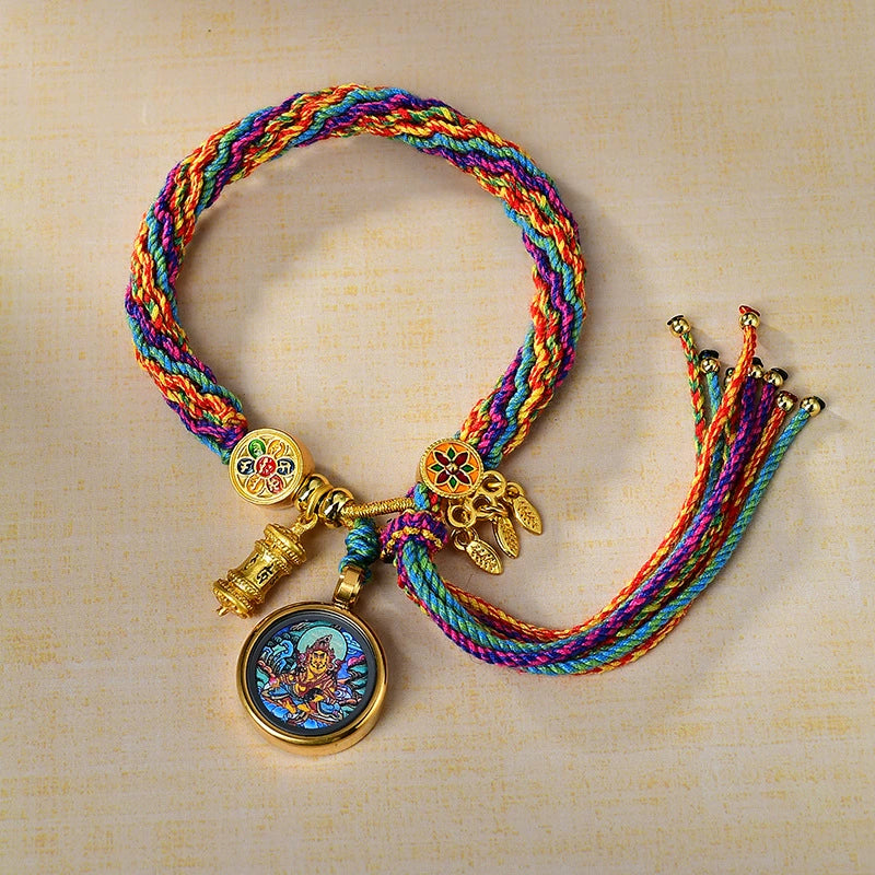 Yellow Jambhala (God of Wealth) - Handwoven Tibetan Thangka Blessing Bracelet