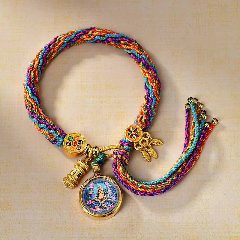 Yellow Jambhala (God of Wealth) - Handwoven Tibetan Thangka Blessing Bracelet