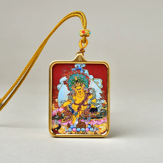 Yellow Jambhala (God of Wealth) - Luxury Gold-Tone Titanium Thangka Amulet Pendant (Gold-Leaf Decorated)