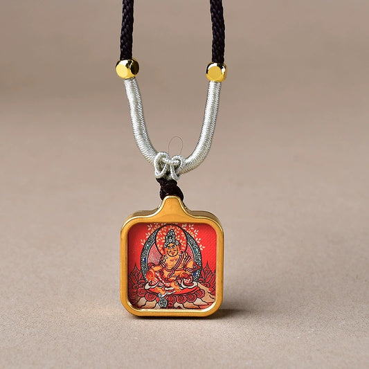 Yellow Jambhala (God of Wealth) - Mini Gold-Tone Titanium Thangka Pendant