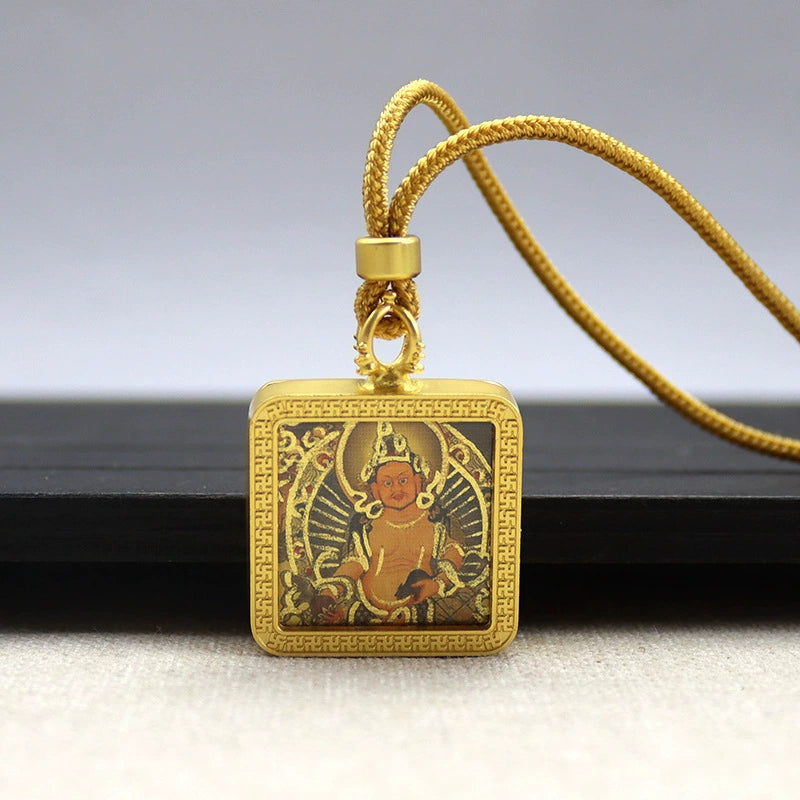Yellow Jambhala (God of Wealth) - Mini Square Gold Tibetan Thangka Pendant – Sacred Protection Amulet (Gold-Leaf Decorated)