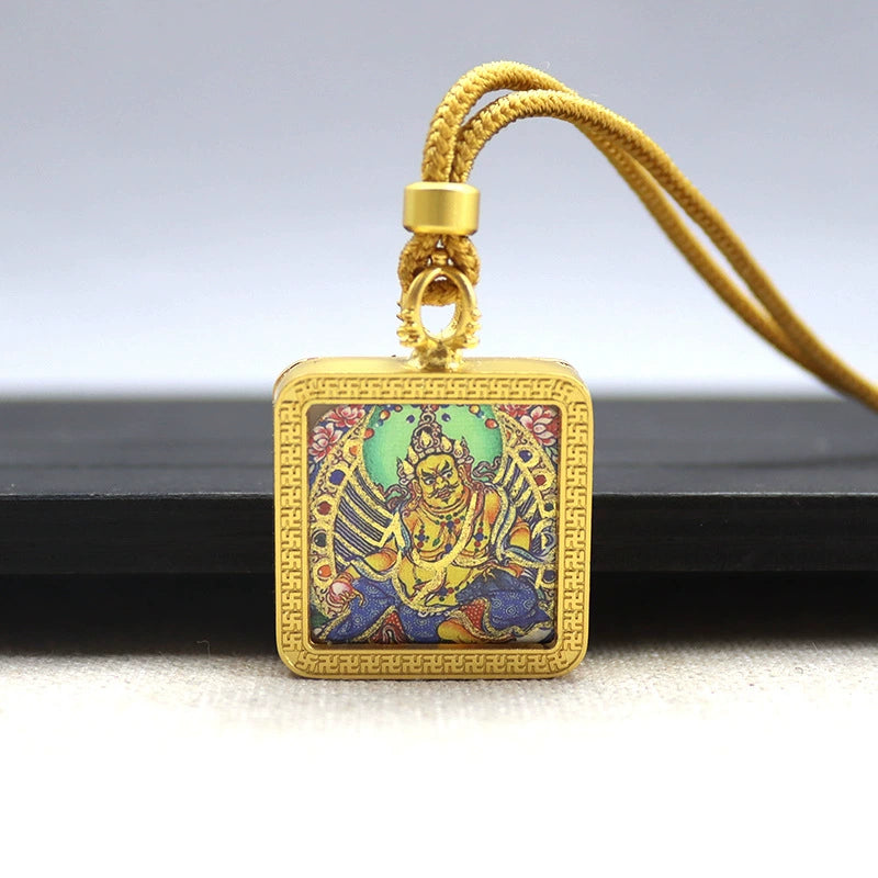 Yellow Jambhala (God of Wealth) - Mini Square Gold Tibetan Thangka Pendant – Sacred Protection Amulet (Gold-Leaf Decorated)
