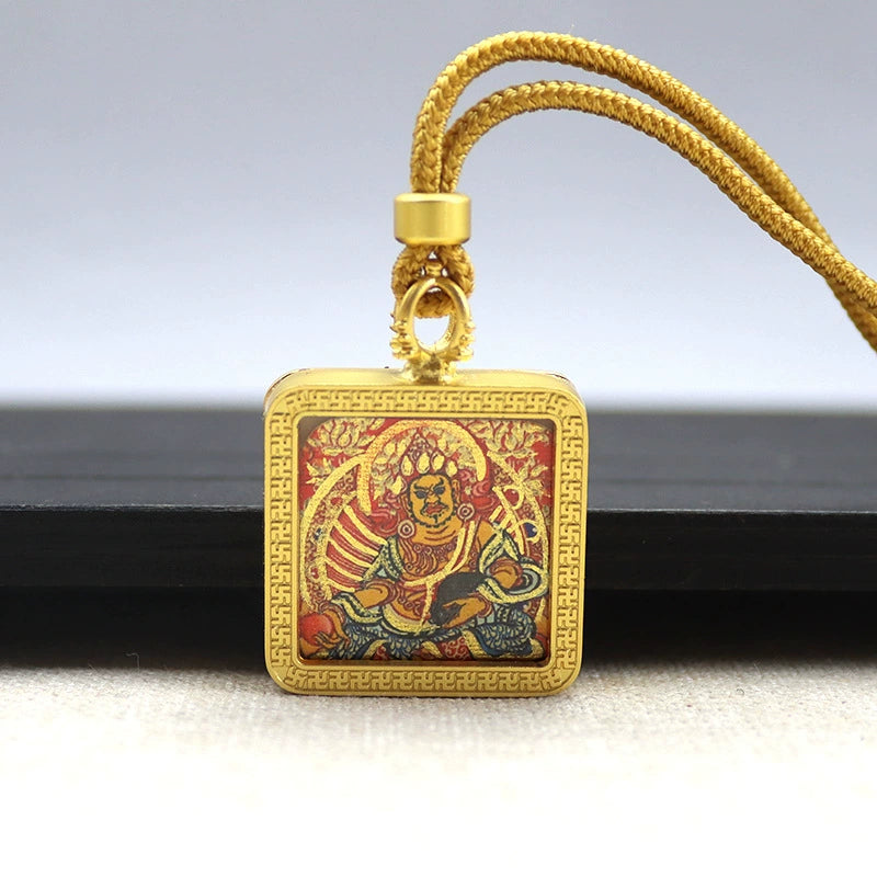 Yellow Jambhala (God of Wealth) - Mini Square Gold Tibetan Thangka Pendant – Sacred Protection Amulet (Gold-Leaf Decorated)