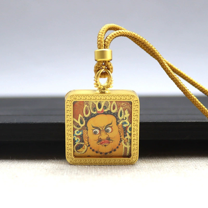 Yellow Jambhala (God of Wealth) - Mini Square Gold Tibetan Thangka Pendant – Sacred Protection Amulet (Gold-Leaf Decorated)