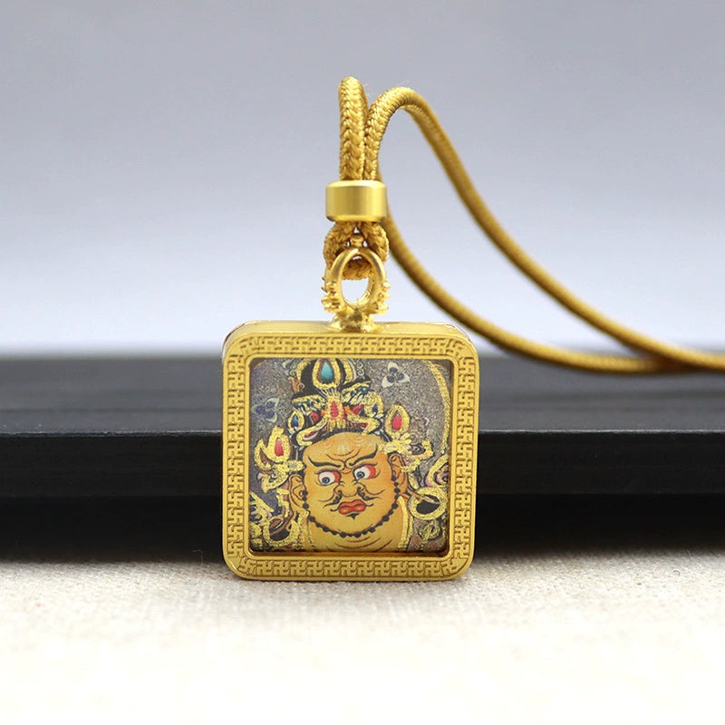 Yellow Jambhala (God of Wealth) - Mini Square Gold Tibetan Thangka Pendant – Sacred Protection Amulet (Gold-Leaf Decorated)