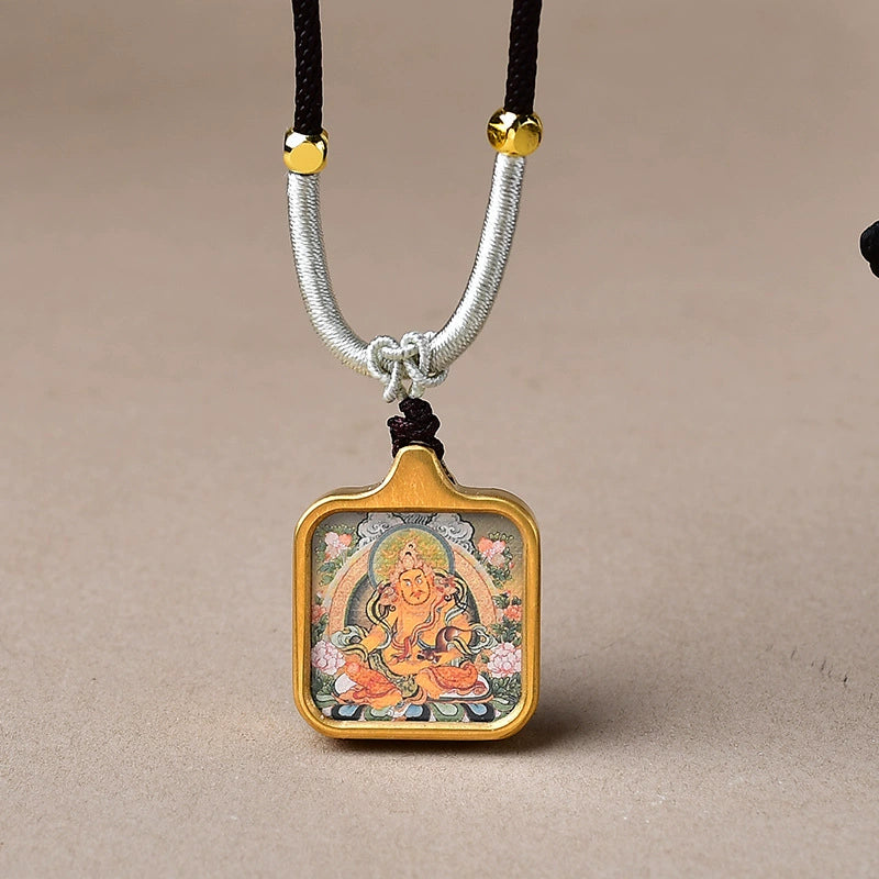 Yellow Jambhala (God of Wealth) - Mini Gold-Tone Titanium Thangka Pendant