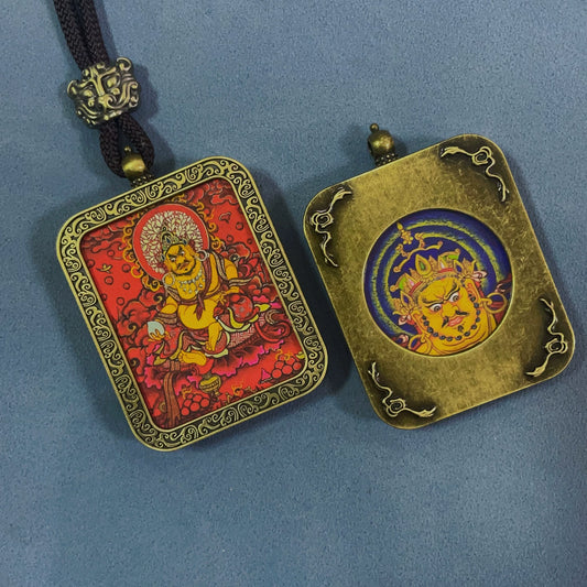 Yellow Jambhala (Vermilion) - Handmade Tibetan Thangka Amulet Pendant (Antique Bronze)