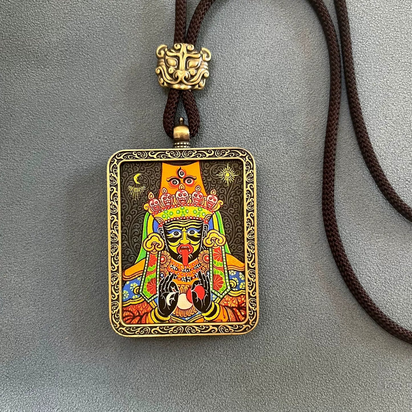 Zakhi Lhamo (God of Wealth) - Handmade Tibetan Thangka Amulet Pendant (Antique Bronze)