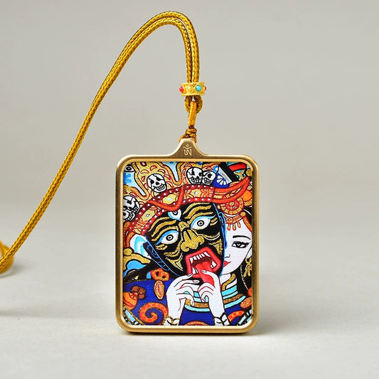 Zakhi Lhamo (God of Wealth) - Luxury Gold-Tone Titanium Thangka Amulet Pendant (Gold-Leaf Decorated)
