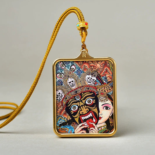 Zakhi Lhamo (God of Wealth) - Luxury Gold-Tone Titanium Thangka Amulet Pendant (Gold-Leaf Decorated)