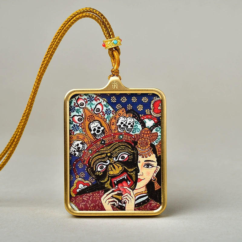 Zakhi Lhamo (God of Wealth) - Luxury Gold-Tone Titanium Thangka Amulet Pendant (Gold-Leaf Decorated)