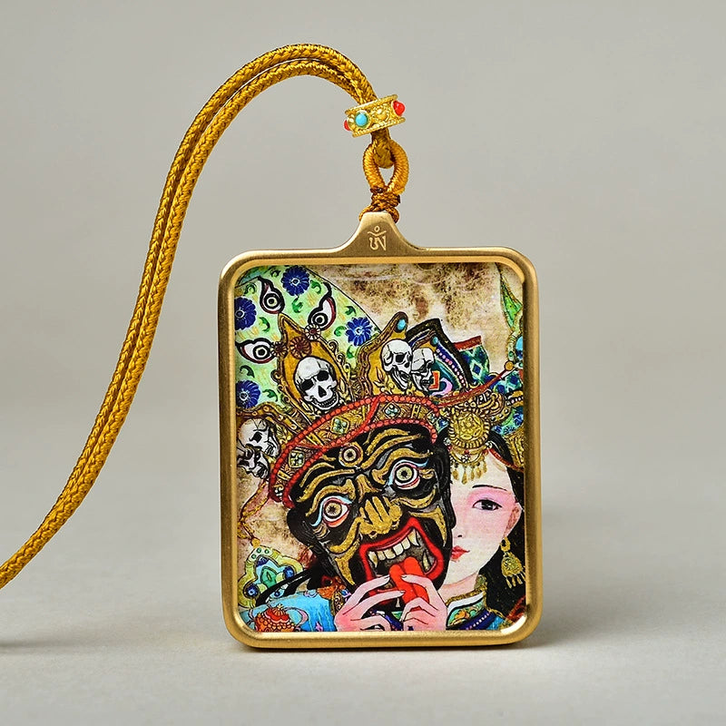 Zakhi Lhamo (God of Wealth) - Luxury Gold-Tone Titanium Thangka Amulet Pendant (Gold-Leaf Decorated)