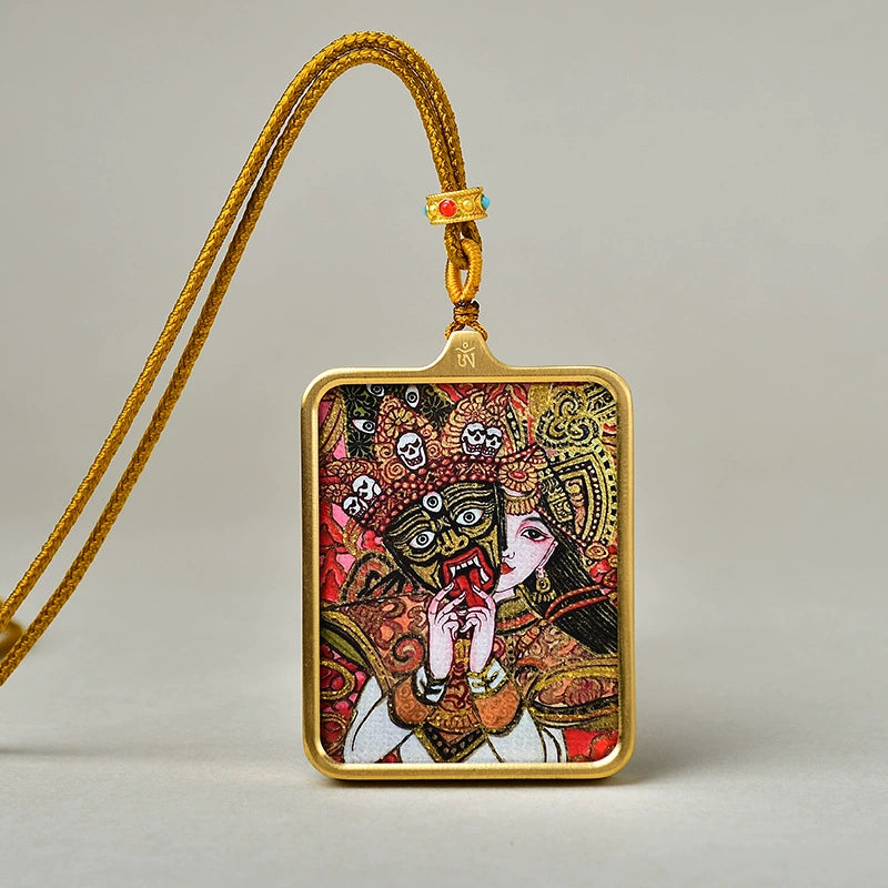 Zakhi Lhamo (God of Wealth) - Luxury Gold-Tone Titanium Thangka Amulet Pendant (Gold-Leaf Decorated)