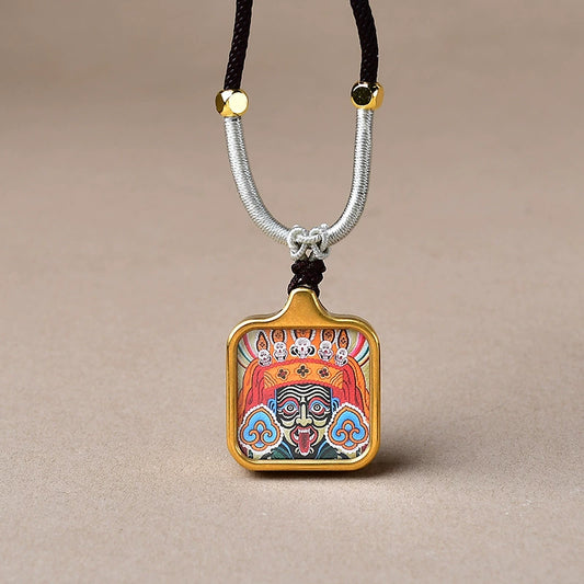 Zakhi Lhamo (God of Wealth) - Mini Gold-Tone Titanium Thangka Pendant