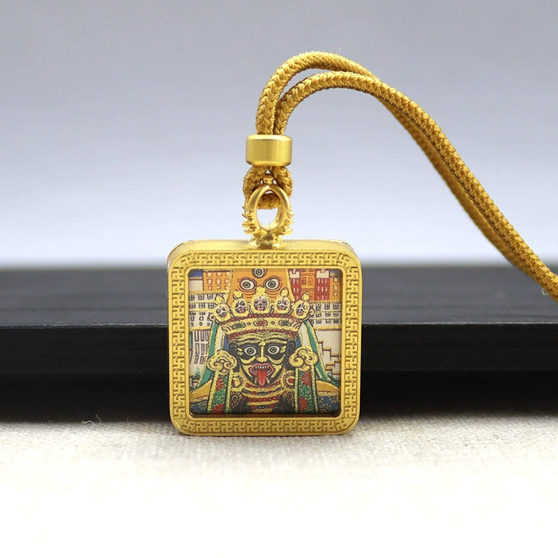 Zakhi Lhamo (God of Wealth) - Mini Square Gold Tibetan Thangka Pendant – Sacred Protection Amulet (Gold-Leaf Decorated)
