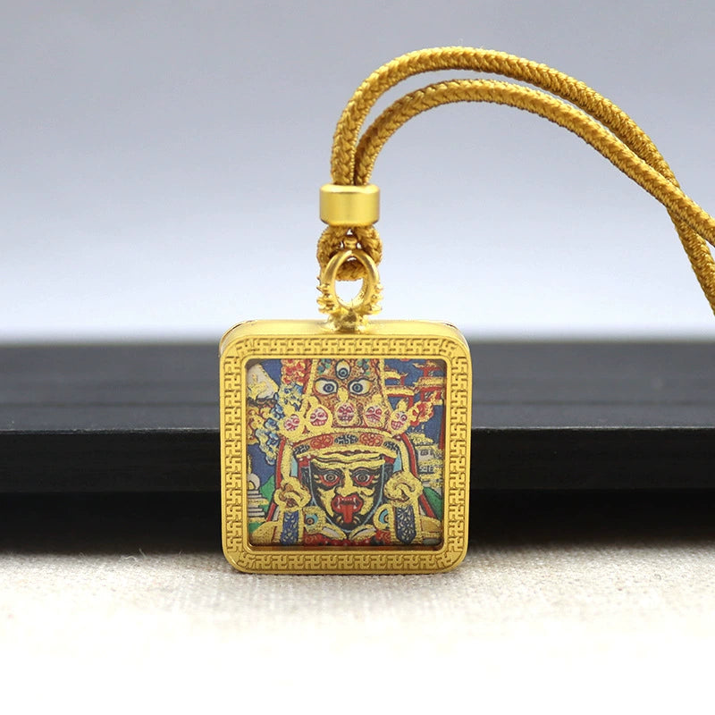Zakhi Lhamo (God of Wealth) - Mini Square Gold Tibetan Thangka Pendant – Sacred Protection Amulet (Gold-Leaf Decorated)