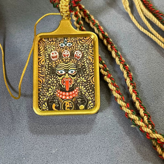 Zakhi Lhamo (God of Wealth) - Solid Brass Tibetan Thangka Pendant with Handwoven Cord