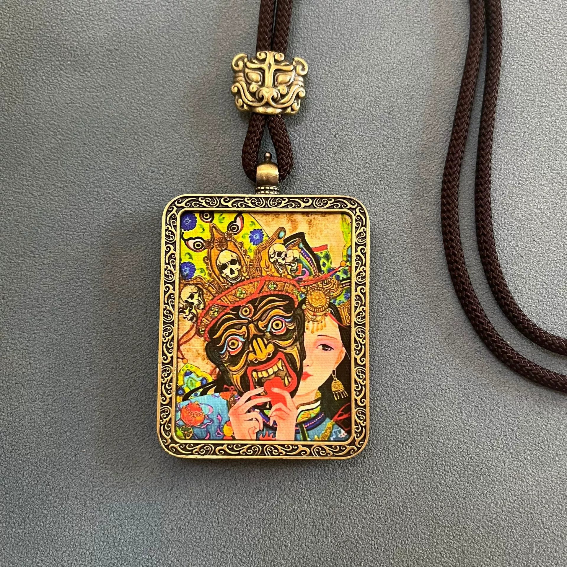 Zakhi Lhamo (Past and Present Life) - Handmade Tibetan Thangka Amulet Pendant (Antique Bronze)