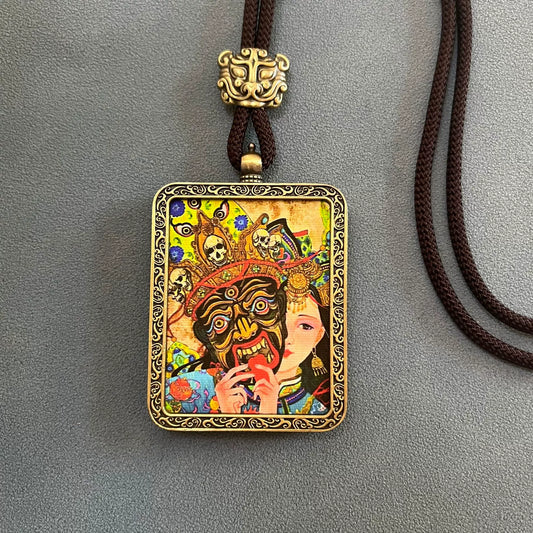 Zakhi Lhamo (Past and Present Life) - Handmade Tibetan Thangka Amulet Pendant (Antique Bronze)