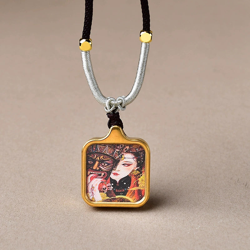Zakhi Lhamo (Past and Present Life) - Mini Gold-Tone Titanium Thangka Pendant