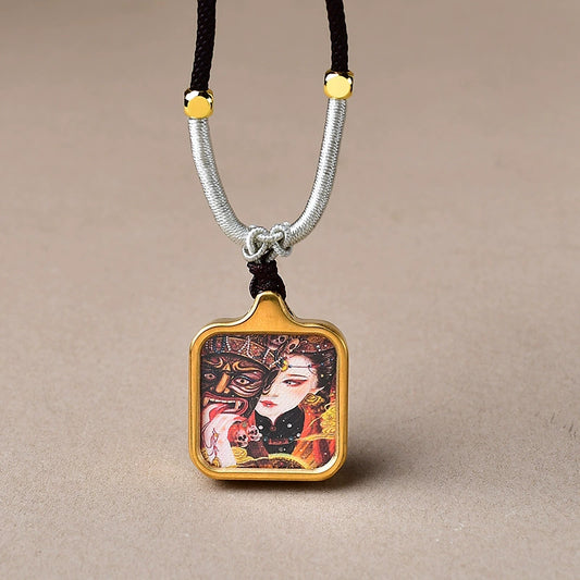 Zakhi Lhamo (Past and Present Life) - Mini Gold-Tone Titanium Thangka Pendant