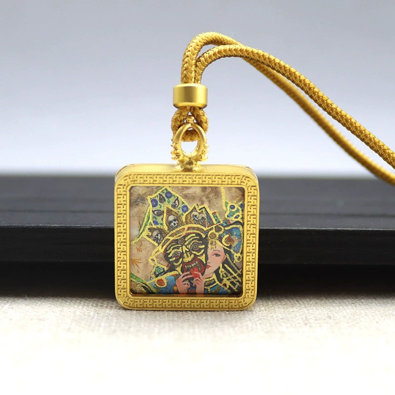 Zakhi Lhamo (Past and Present Life) - Mini Square Gold Tibetan Thangka Pendant – Sacred Protection Amulet (Gold-Leaf Decorated)