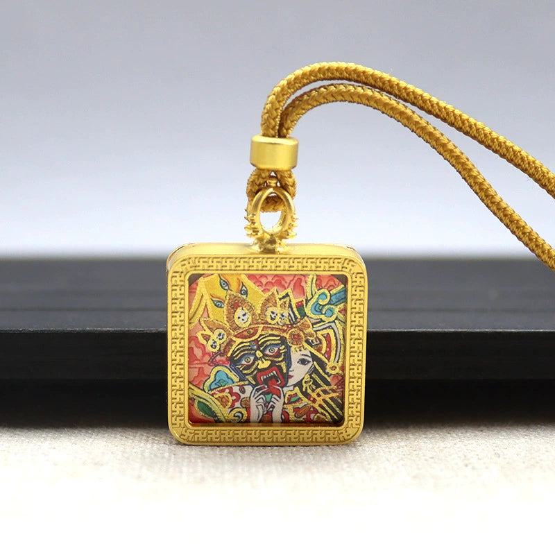 Zakhi Lhamo (Past and Present Life) - Mini Square Gold Tibetan Thangka Pendant – Sacred Protection Amulet (Gold-Leaf Decorated)