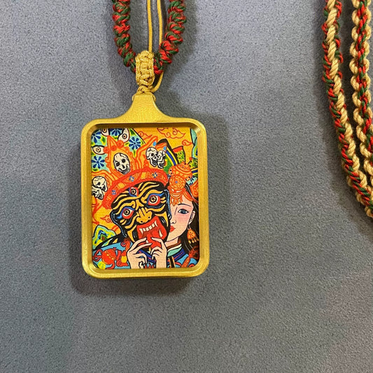 Zashi Lhamo (Past and Present Life) - Solid Brass Tibetan Thangka Pendant with Handwoven Cord
