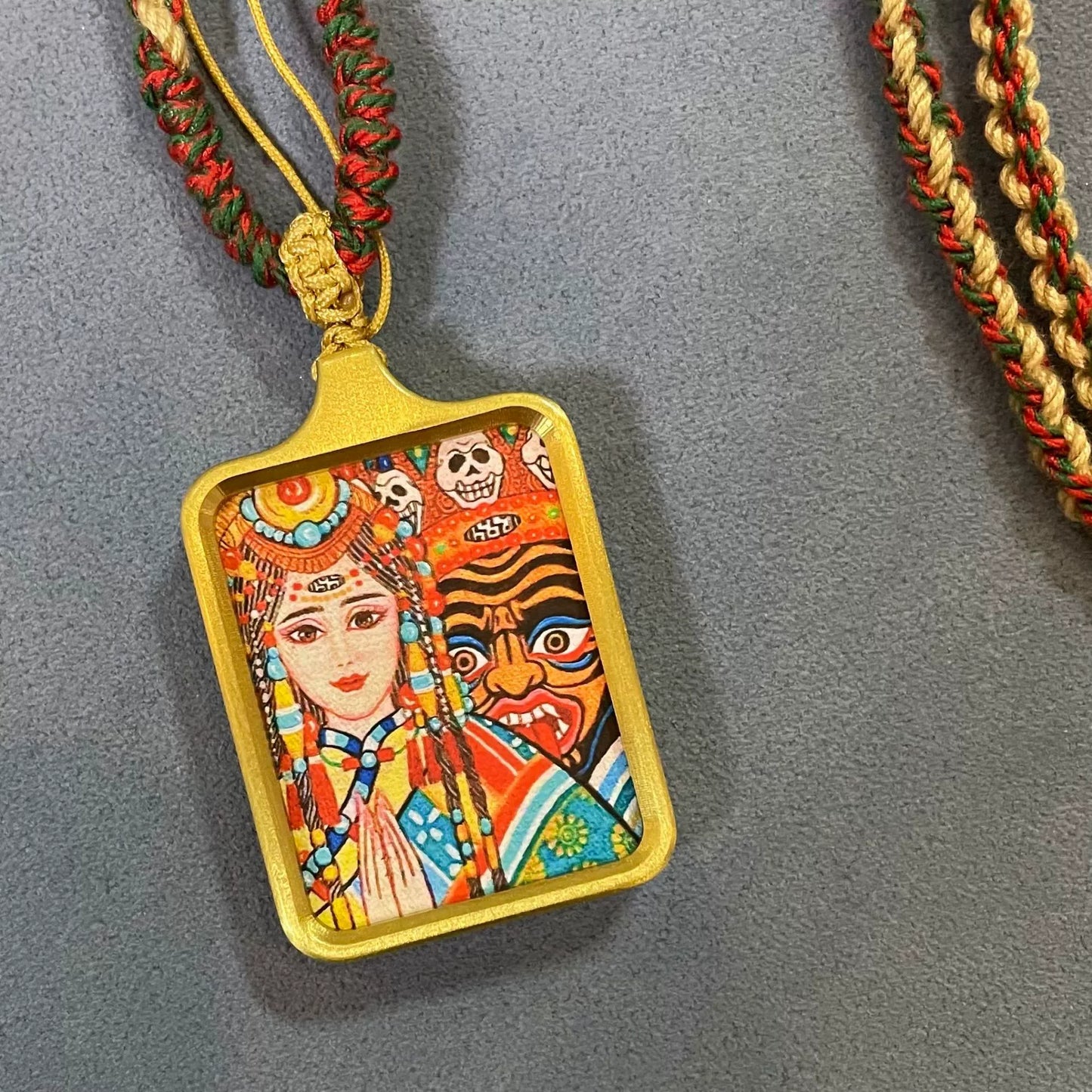 Zashi Lhamo (Past and Present Life) - Solid Brass Tibetan Thangka Pendant with Handwoven Cord