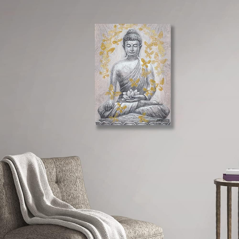 Yidepot Buddha Canvas Wall Art Gold-foil: Zen Statue Textured Print with Lotus Flower for Buddhism Prayer Wall - Thangka Store