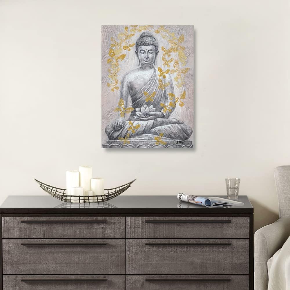 Yidepot Buddha Canvas Wall Art Gold-foil: Zen Statue Textured Print with Lotus Flower for Buddhism Prayer Wall - Thangka Store