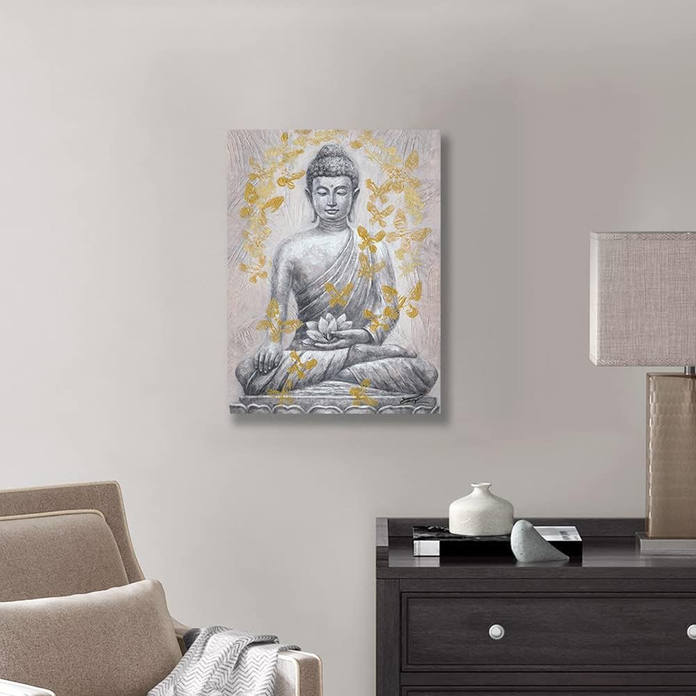 Yidepot Buddha Canvas Wall Art Gold-foil: Zen Statue Textured Print with Lotus Flower for Buddhism Prayer Wall - Thangka Store