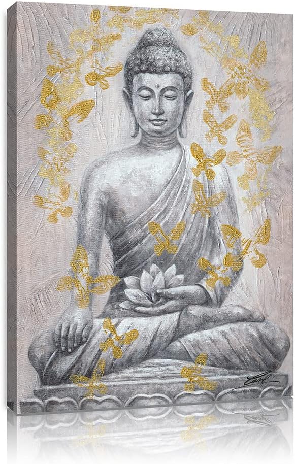 Yidepot Buddha Canvas Wall Art Gold-foil: Zen Statue Textured Print with Lotus Flower for Buddhism Prayer Wall - Thangka Store